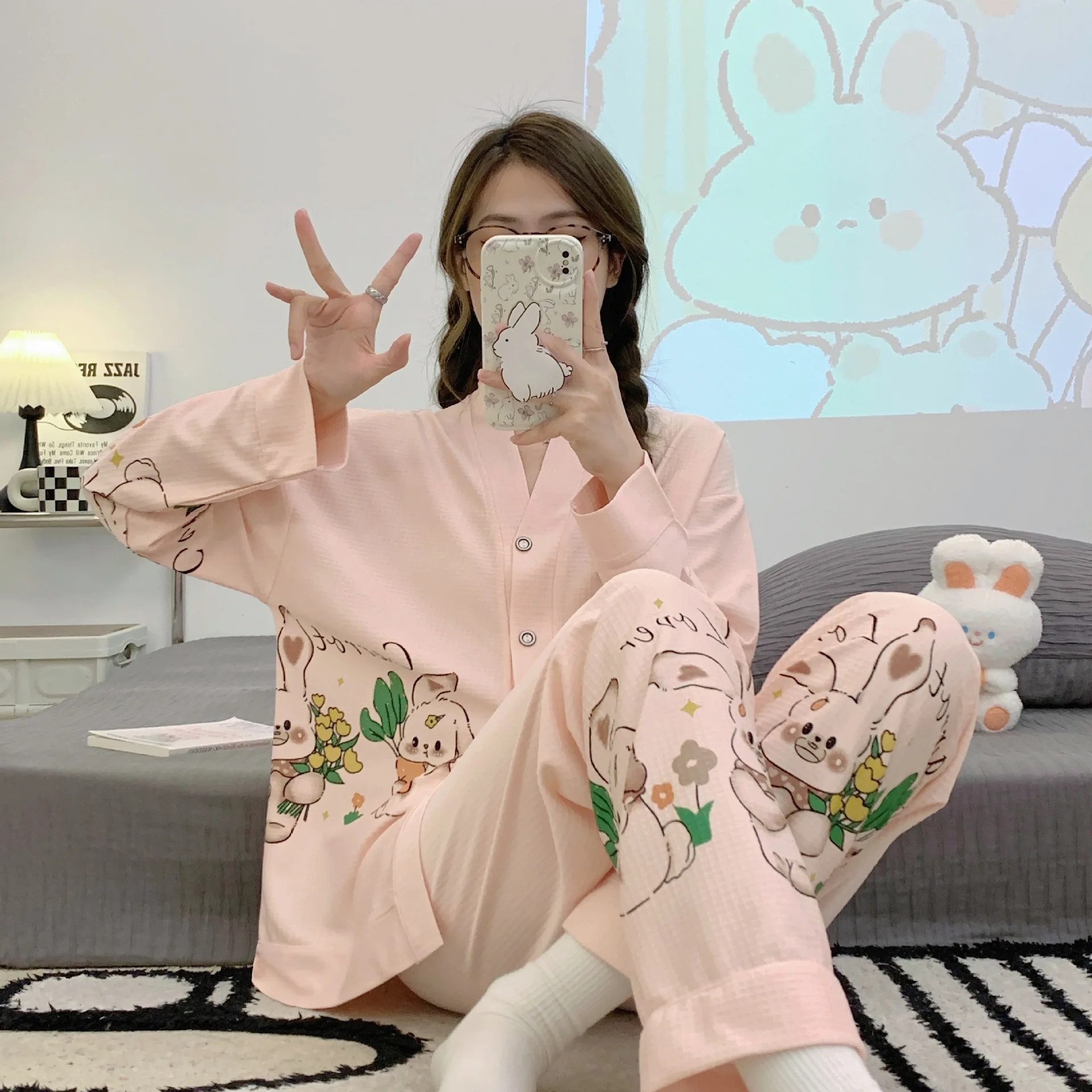 Long Sleeve Pajama Set for Women Girls Knitted Cotton Female Sleepwear 2 Piece Cartoon Home Clothes Walf Checks Nightgown Spring