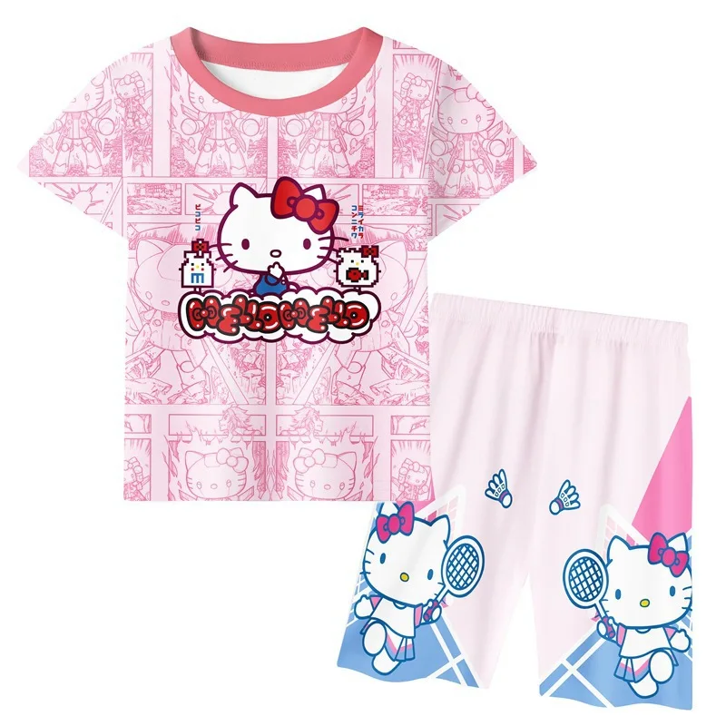 

Новинка кавайная аниме Hello Kitty Детская одежда мультяшный летний спортивный комплект для девочек с коротким рукавом Пижама с коротким рукавом Тонкая домашняя одежда