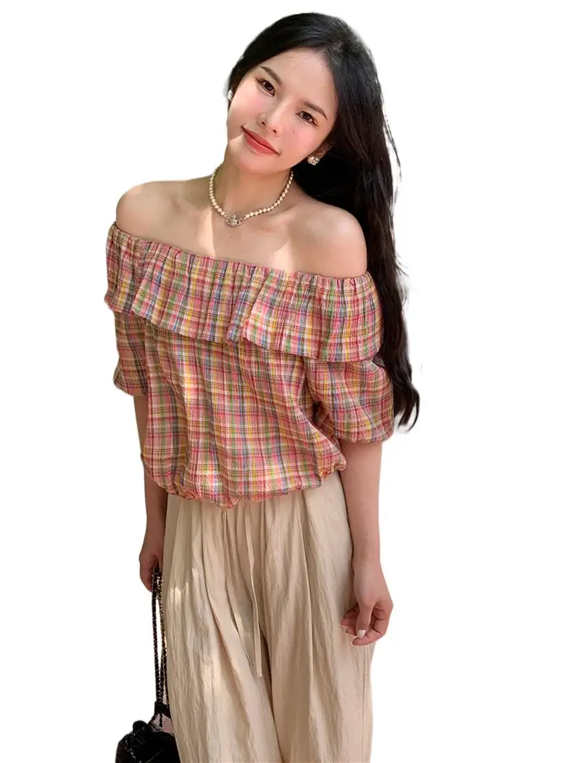 

Summer New Cotton Feminine Sweet Slash Neck Plaid Tops Half Sleeves Korean Style Gentle Temperament Streetwear Loose Blouses