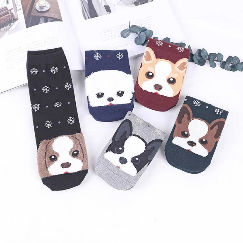 

Snow Warm Christmas Socks Animal Cute Socks Women 5 Different Dog Harajuku Meias Novelty Pug Jacquard Cartoon Funny Socks Sokken