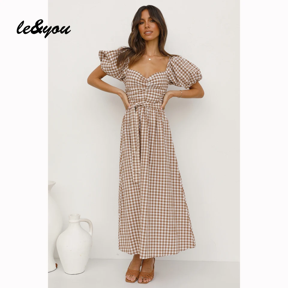 

Винтажное клетчатое длинное платье, пуловер с пышными рукавами и открытой спиной, на шнуровке, элегантное приталенное вечернее платье для ж...