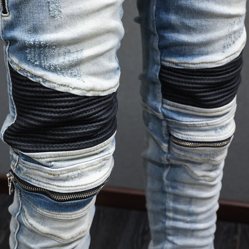 High Street Fashion Men Jeans Retro Light Blue Stretch Skinny Ripped Biker Jeans Homme Spliced Designer Hip Hop Brand Pants Men
