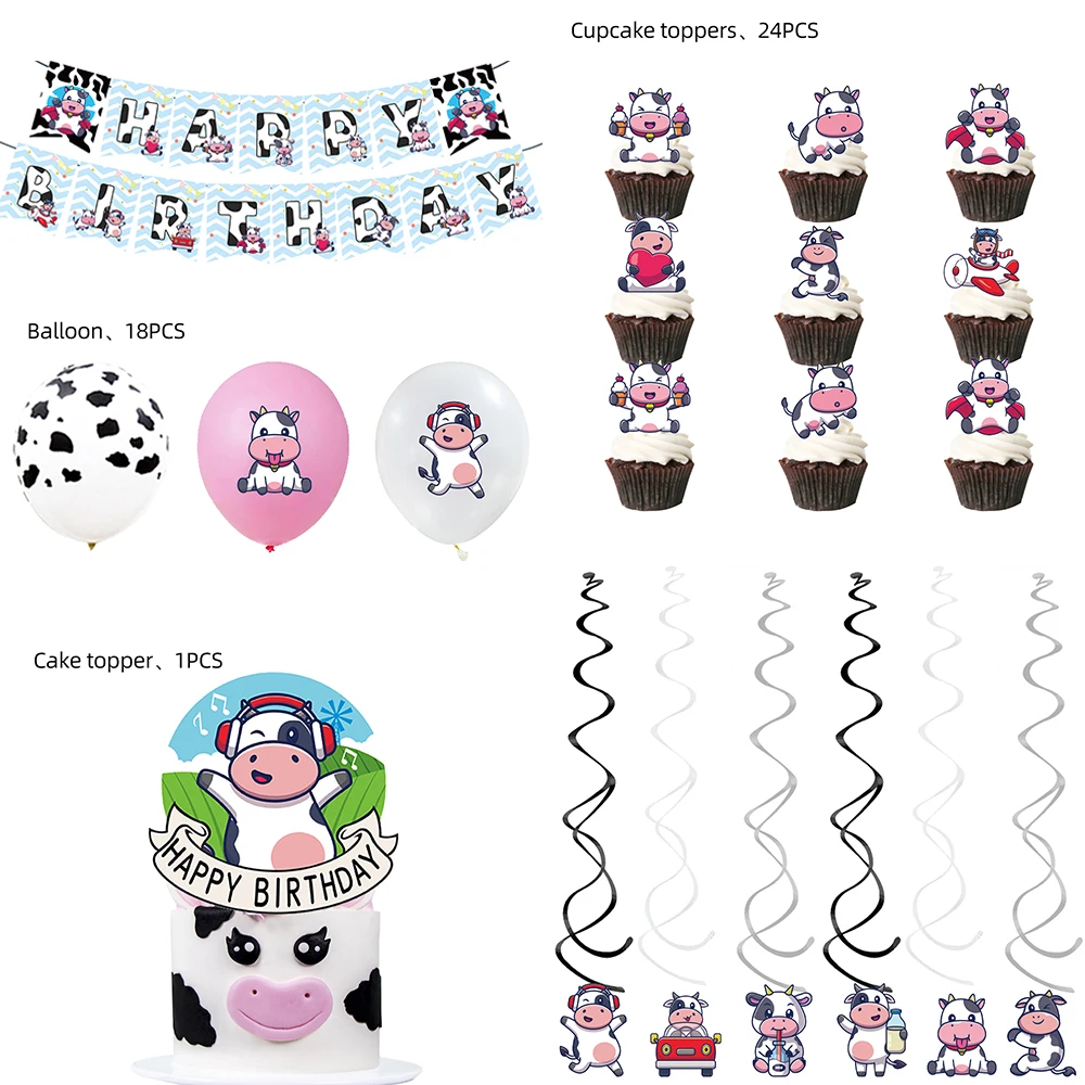 64Pcs Pink Cow Birthday Party Supplies Baby Shower Disposable Tableware Sets  Disposable CakeToppers Flags Girls