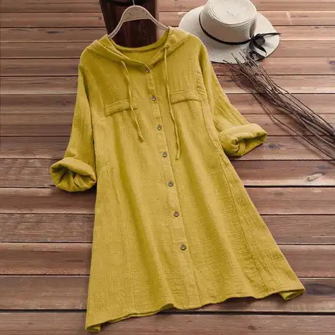 Women Blouses Vintage Cotton Linen Button Shirts Summer Long Sleeve Casual Hooded Tops And Blouses Plus Size Shirts Tunic M-5XL