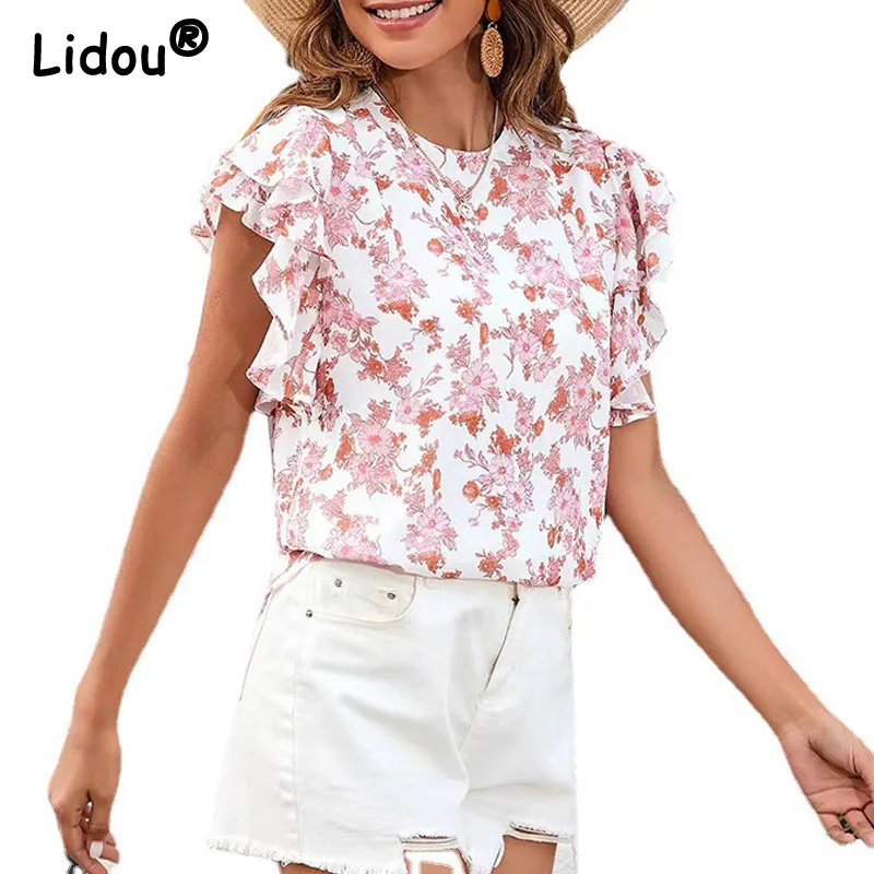 

Flower Printing Trumpet Short Sleeve Refreshing Chiffon Top 2022 Summer Women New Round Neck Ruffle Edge Broken Flower T-shirt