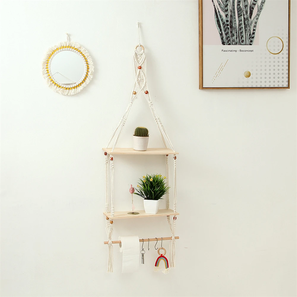 

Macrame Wall Hanging Shelf Handmade Boho Macrame Floating Shelf with 2 Layers for Plants Indoor Decor Hanging Bohemian Shelf