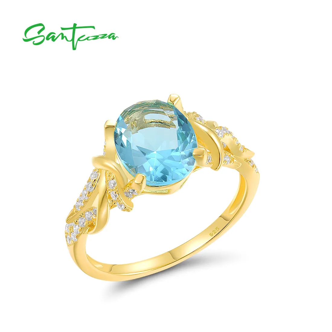 

SANTUZZA Pure 925 Sterling Silver Ring For Women Sparkling Blue Glass White Cubic Zirconia Yellow Plated Fine Fashion Jewelry