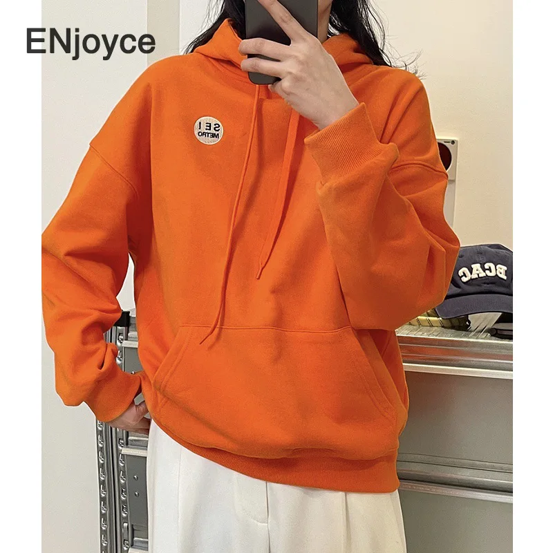 Women Embroidered Logo Casual Loose Hooded Sweatshirt Korean Style Fashion Hoodie Jacket Pullover Clothes Trendy Tops Spring