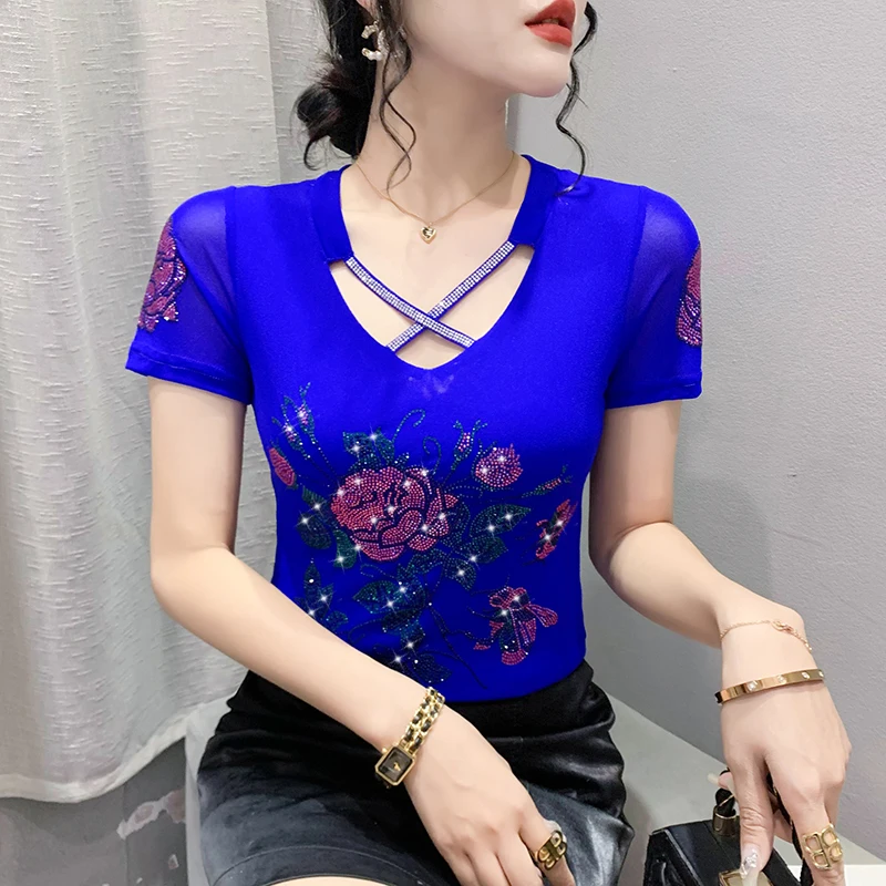 

Clothes For Women Graphic T Shirts New 2023 Summer Short Sleeved V-Neck Hot Diamond Mesh Tops Blue Blusas