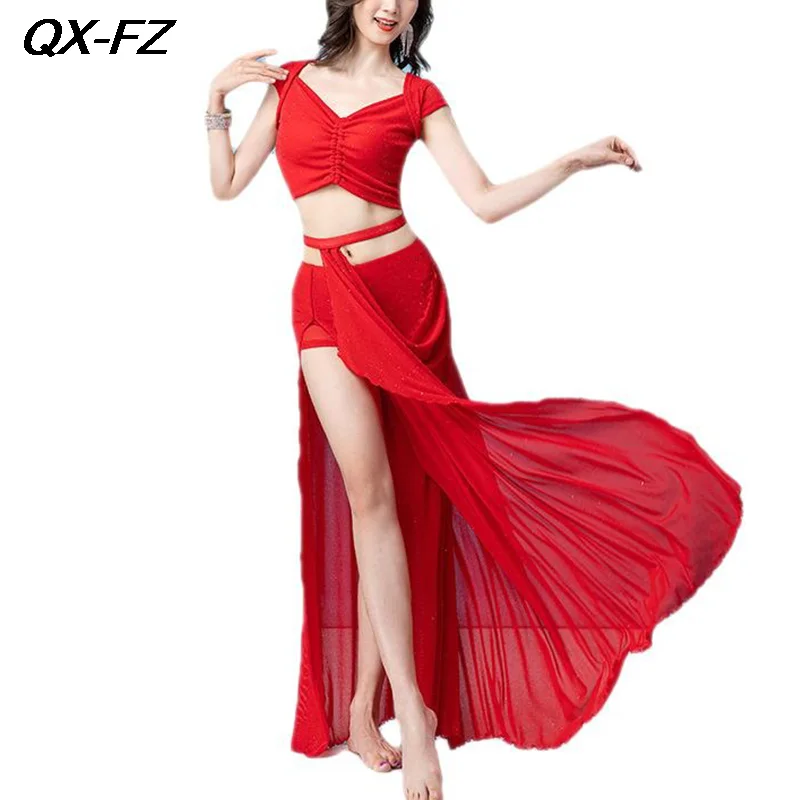 

2PCS Women Belly Dance Training Suit Sexy Bellydance Top Split Skirt Costume Set Lady Oriental Dance Costume Performance Outfit