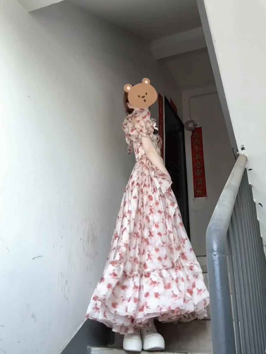 Женское Плиссированное длинное платье с цветочным принтом квадратным вырезом и