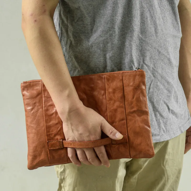 Retro fashion luxury natural genuine leather men large-capacity clutch bag daily work teenager outdoor mobile phone wallet bag