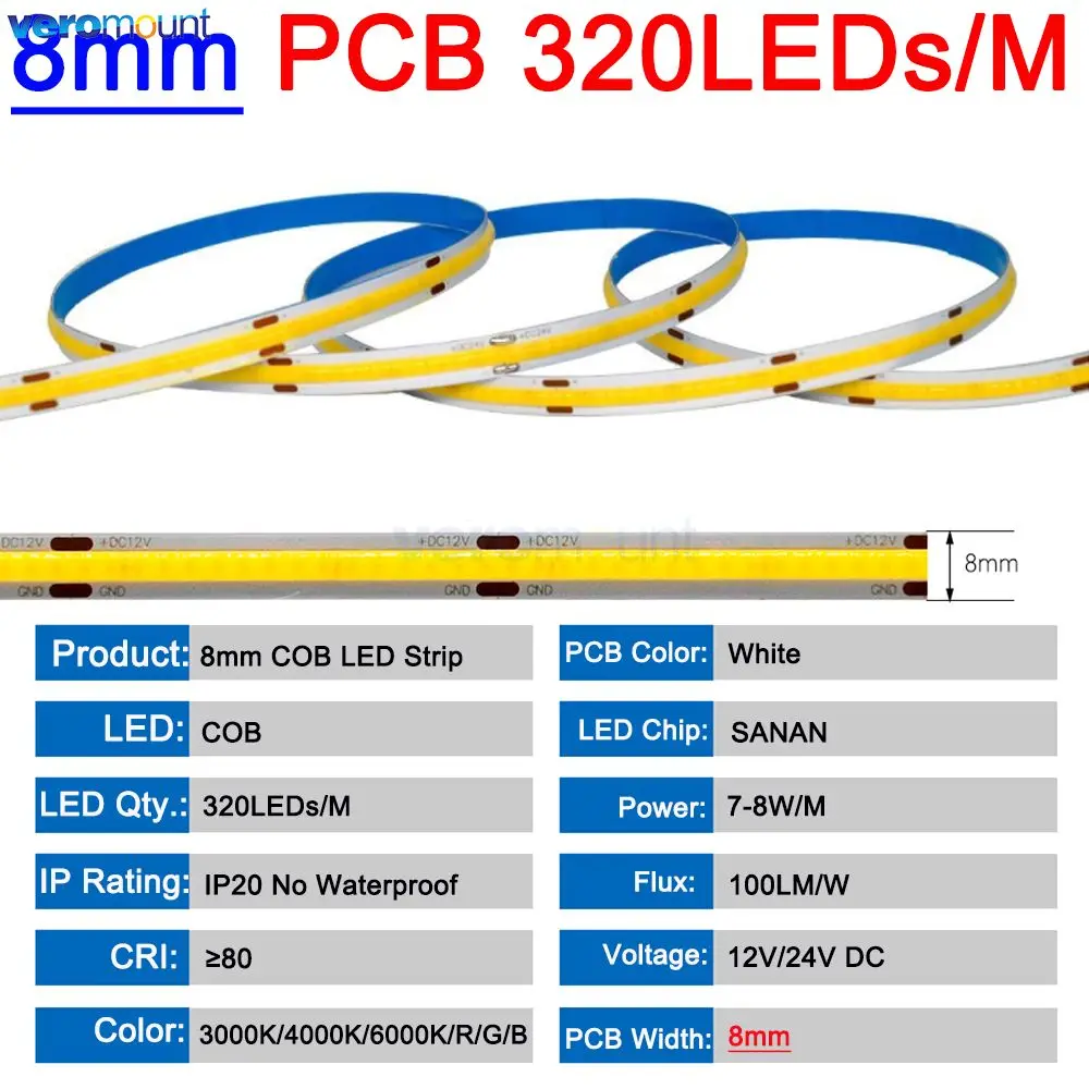 

COB светодиодная лента Veromount 5м 12В/24В 320/384/480/528 LED/м IP20