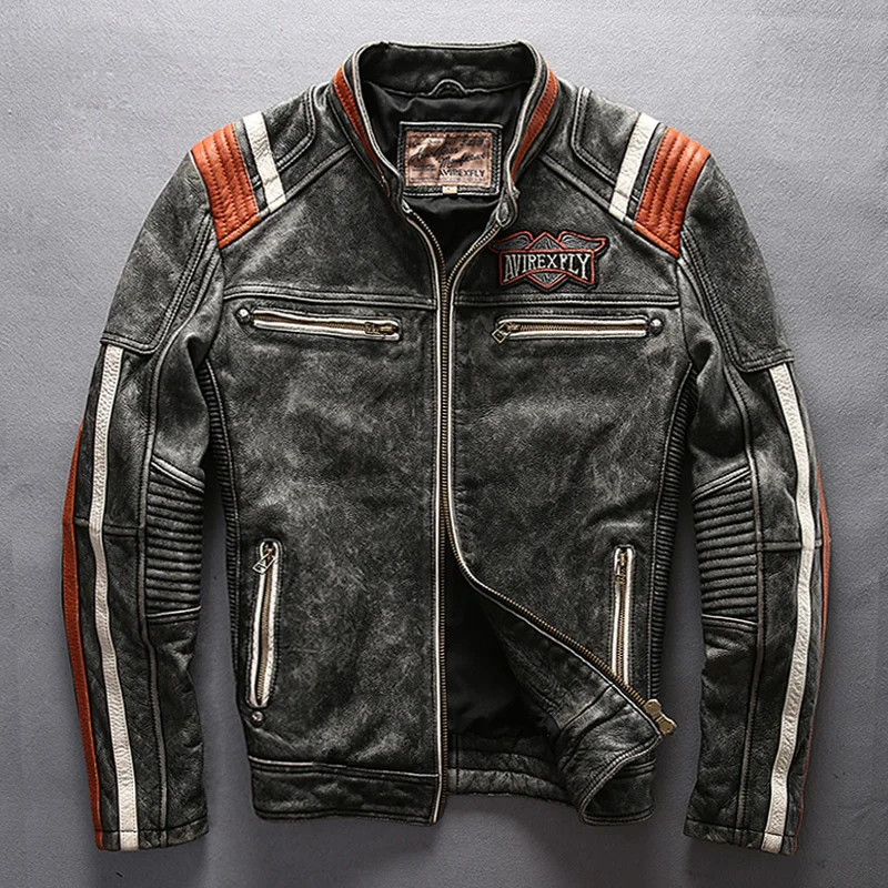 

5 days arrival,Men's Motorcycle Rider Jacket Genuine Leather Vintage Coat Stand Collar Embroidery Cowhide Leather Jacket