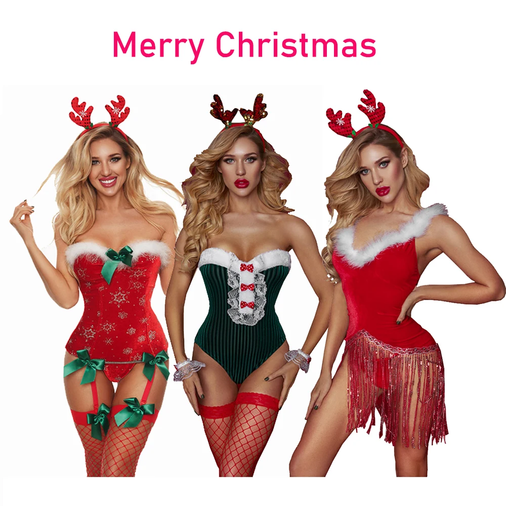 

Sexy Women Cosplay Christmas Dress Red Xmas Lingerie with Stocking Elk Headdress Corset Babydolls Bodysuit Set