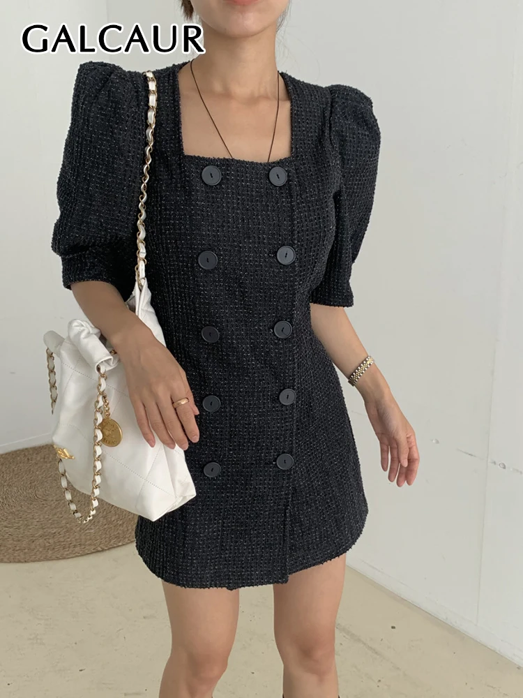 

GALCAUR Solid Dresses For Women Square Collar Puff Sleeve High Waist Patchwork Double Breasted Elegant Fashion Mini Dress Female