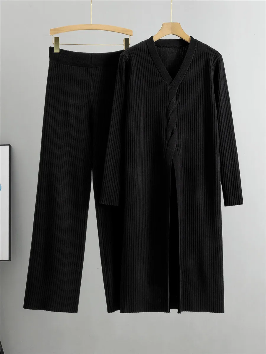 Повседневный шикарный вязаный комплект из 2 предметов Женский свитер с V-образным