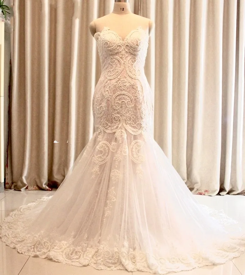 

Элегантные кружевные свадебные платья, свадебные платья с аппликацией, жемчугом и бисером, свадебные платья русалки, индивидуальный пошив, ...