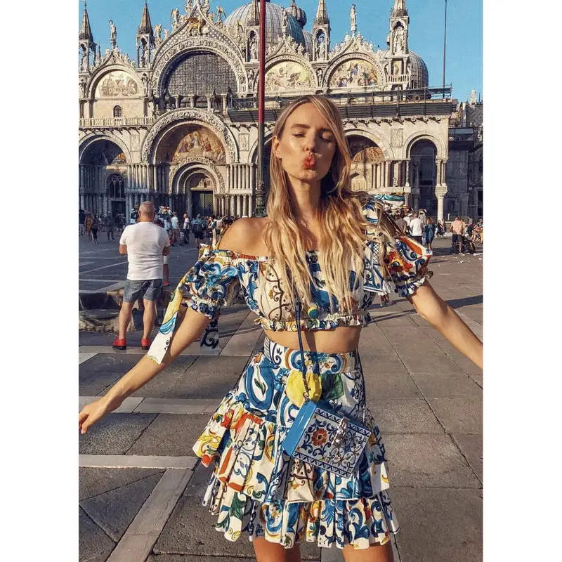 

New Trendy Short Sleeve Off The Shoulder Chic Stylish Sexy Mini 2 Piece Set Crop Tops Dress Women Summer A-line Casual Dress