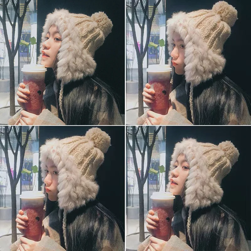 2022 Winter Knitted Hats for Women Outdoor Korean Cute Rabbit Fur Caps Two Layers Super Warm Fleece Hats for Girls