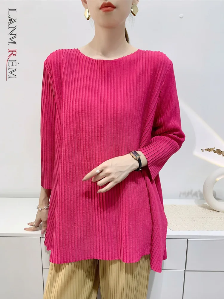 

LANMREM Fashion Pleated T-shirt For Women Round Neck Long Sleeves Casual Split Tops Versatile 2023 Autumn New Clothing 2AA1299