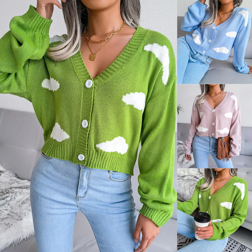 

Autumn Casual Long Sleeved Women's Loose V-neck Knitted Cardigan Feminino 2023 Winter Elegant Printing Y2k Tops Sweater