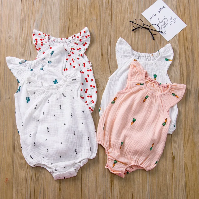 

Summer Romper for Baby Cactus Cherry Print Jumpsuit for Girls Boys Sweet Ruffle Sleeves Newborn Onesie Muslin Clothing 0-24Month