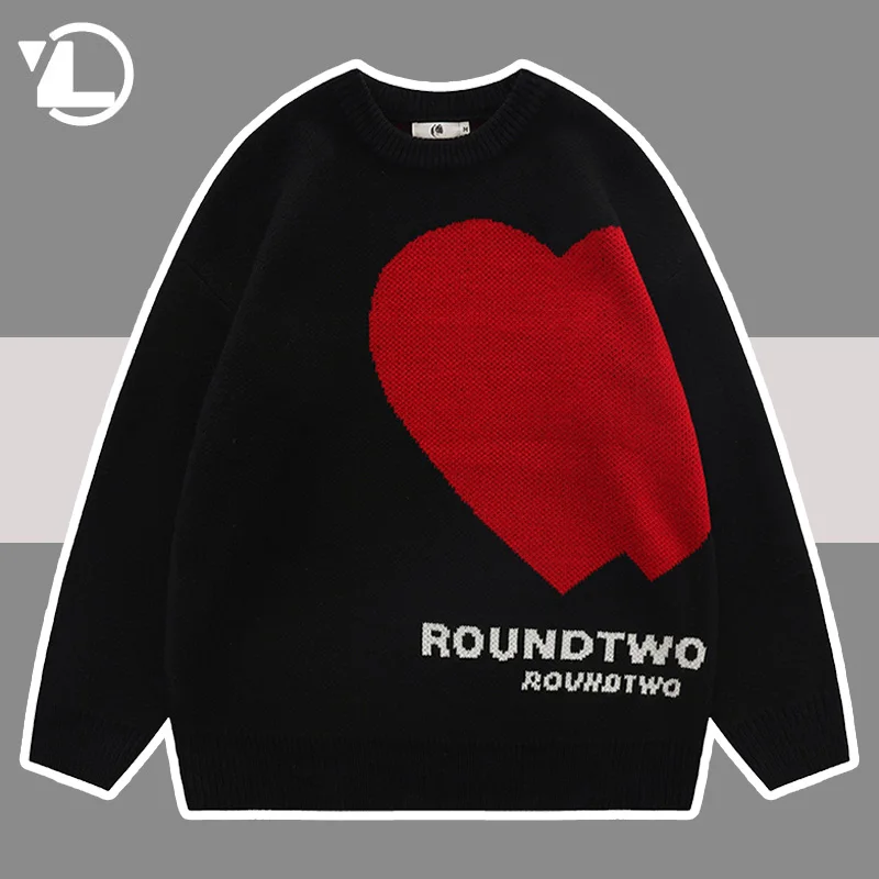 

Heart Letter Sweater Mens Hip Hop Loose Casual Pullover Autumn Winter Lazy Wind Long Sleeve Knitted Sweater Men Sueter Masculino
