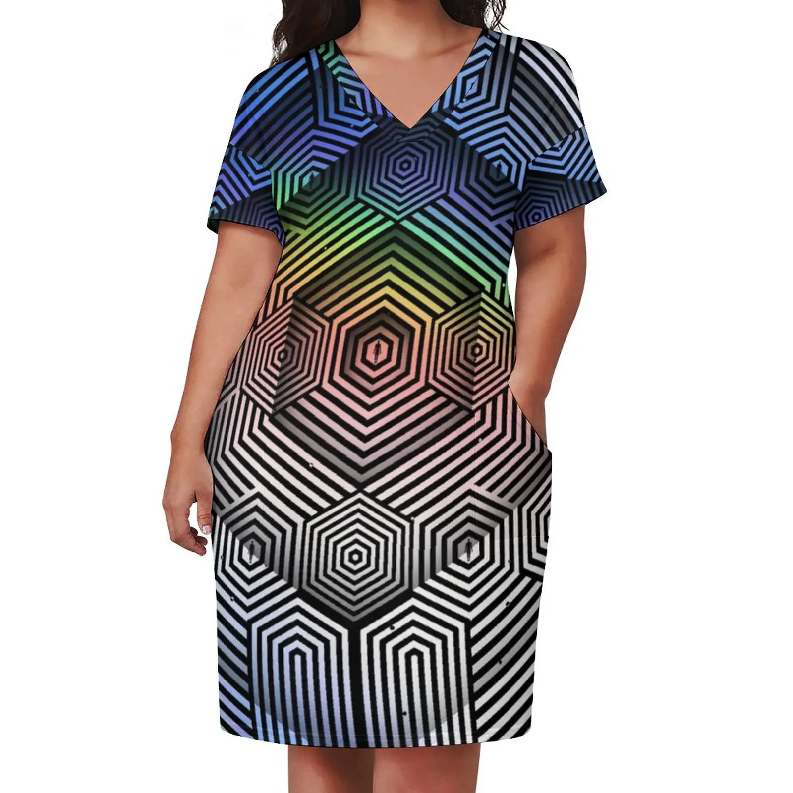 Neon Geometric Dress V Neck Alien Vision Print Aesthetic Dresses Holiday Retro Casual Dress Female Printed Plus Size Vestidos
