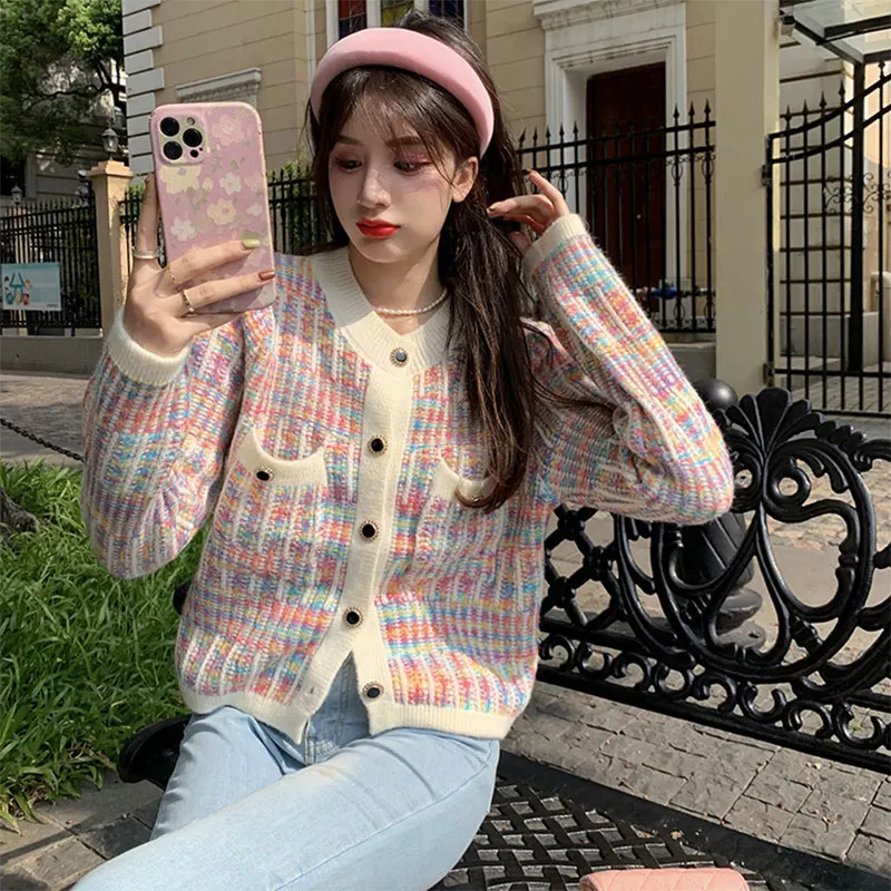 

Rainbow Collision Color Knit Cardigan Female College Sweet Age Reduction Sweater Jacket Female Dating Daily OL Jacket Women