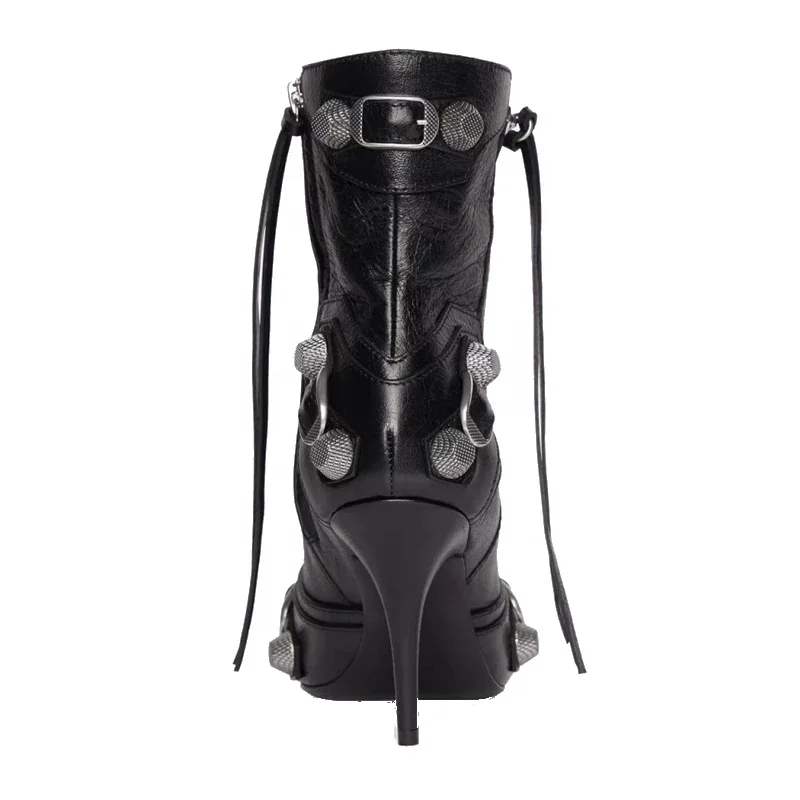 Black High Heel Leather Booty Shoes Pointy Toe Sexy Lady's Ankle Boots Zip Buckle Studs Short Women Fashion Big Size 43