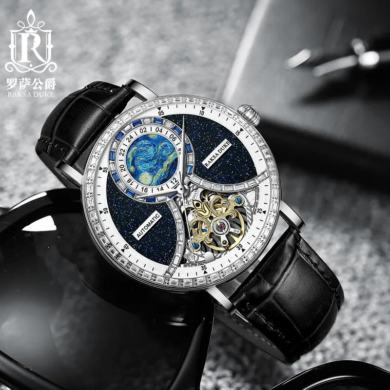 Продажа Загадочные звездное небо W/ Diamond Автоматические часы для мужчин Роскошные Raksa Duke Скелет Турбийон Механические Мужские часы Relogio