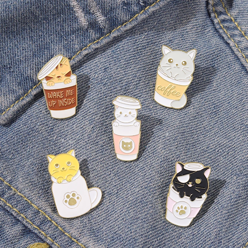 

Cartoon Cat Coffee Enamel Pin Animal Bottle Inside Kitten Wake Meow Hat Bag Badge Brooch Metal Jewelry Women Kids Cute Gifts