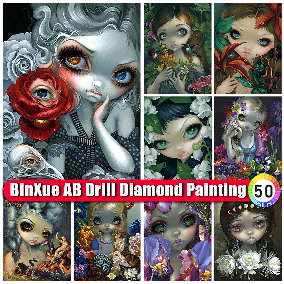 

BinXue Cartoon Big Eyed Girl AB Diamond Painting Kit Rose Flower Cross Stitch Animal Bird Handmade DIY Mosaic Home Decor Gift