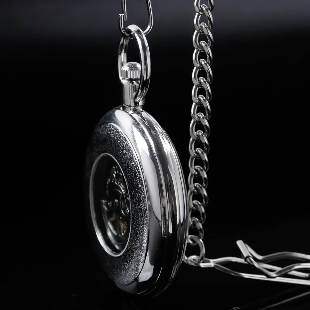 New Bright Silver Roman Digital Mechanical Pocket Watch Retro Hollow Case Analog Skeleton Men's Mechanical Pocket Watch
