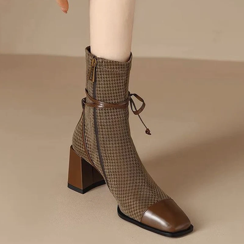 Женские ботильоны на высоком каблуке с бантом и квадратным носком новинка 2025