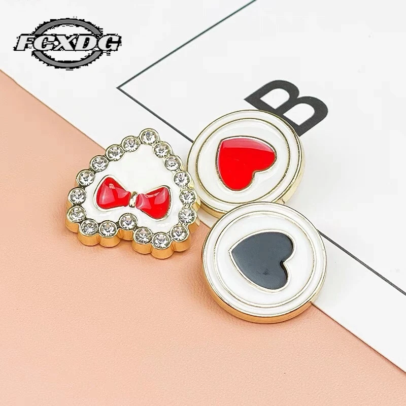 

10pcs 12.5/15/20/25mm Heart-shaped Rhinestone Buttons for Sewing Red Bow Design Metal Buttons Clothes Decoration Shirt Buttons