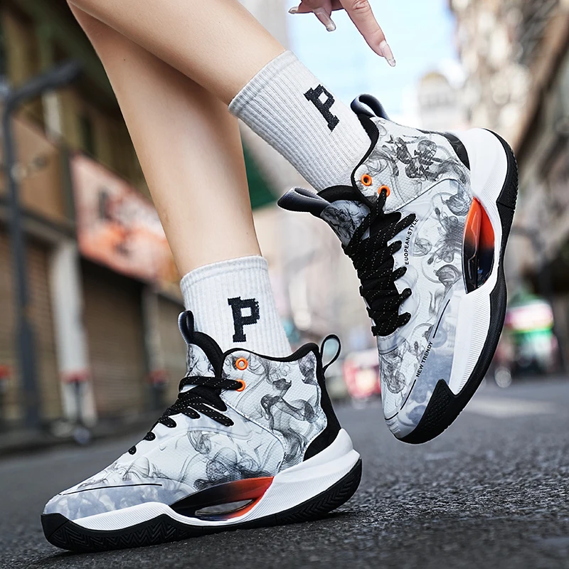 QQ-22701 Basketball Shoes for Men Lace-Up High Top Sneakers Mens Retro Basketball Shoes Breathable Trend Men Sneakers