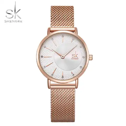 Часы Shengke женские кварцевые, креативные Роскошные наручные, с сетчатым браслетом, цвет розового золота