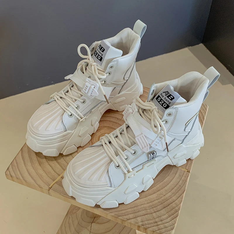 

Women High Top Sneakers Platform Breathable Leather Shoes 2022 Autumn Ladies Wedges Casual Shoes For Woman Sports Dad Shoes