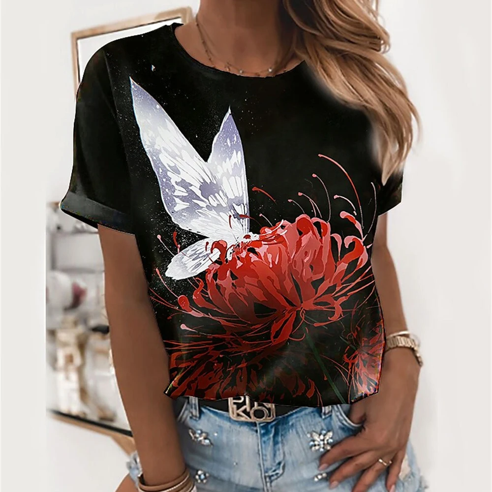 

2023 New Butterfly Lady T-shirt 3D Floral Print Round Neck Casual Niche Design Sense Clothing Female Animal Series Short Sleeve