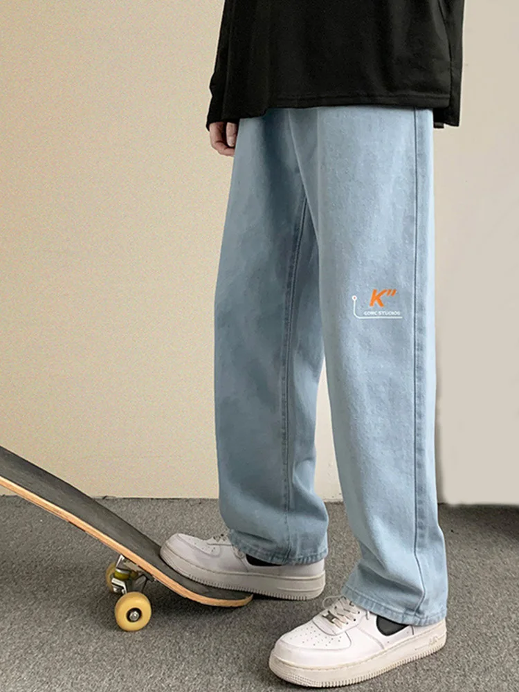 Printed Jeans Loose Fit Straight Leg Daily Casual Y2k Men Fashion Denim Trousers Black Light Blue Vintage Baggy Pants