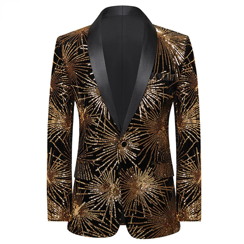 

Mens Stylish Gold Fireworks Sequin Glitter Suit Jacket One Button Shawl Collar Slim Fit Blazers Party Prom Stage Wedding Costume