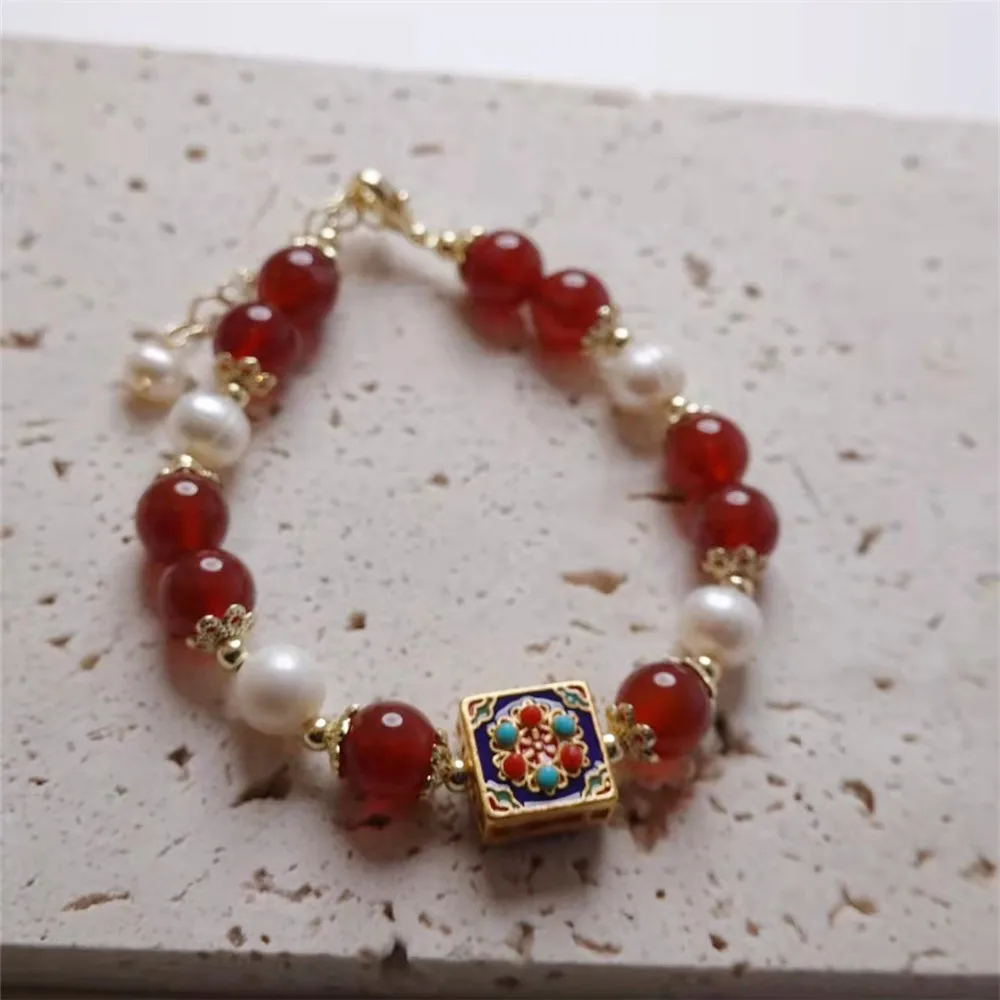 

Natural Red Agate Freshwater Pearl Adjustable Women Bracelet Ethnic Style Cute Temperament Good Luck Versatile Healing Jewelry