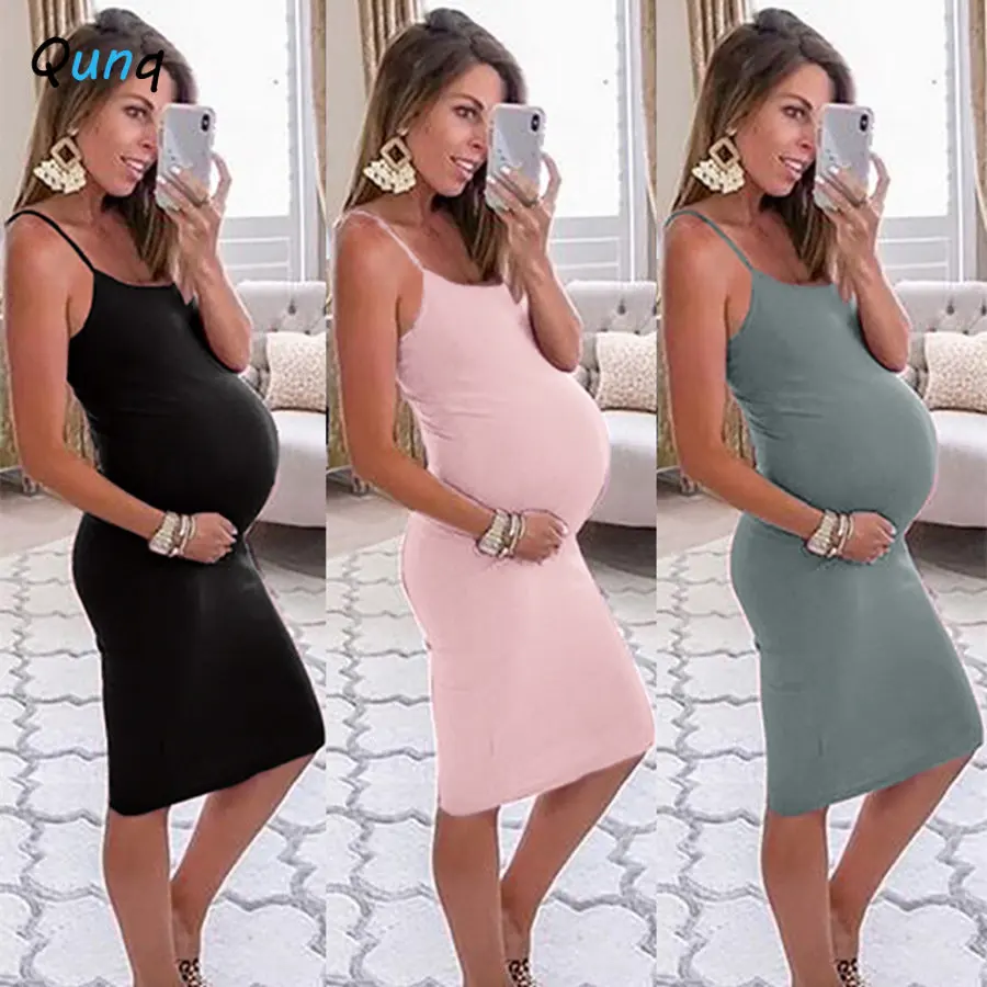

Qunq 2023 Summer Pregnancy Dress women Solid Sleeveless Suspender Elegant Temperament Commuting Dress Casual Maternity Clothes