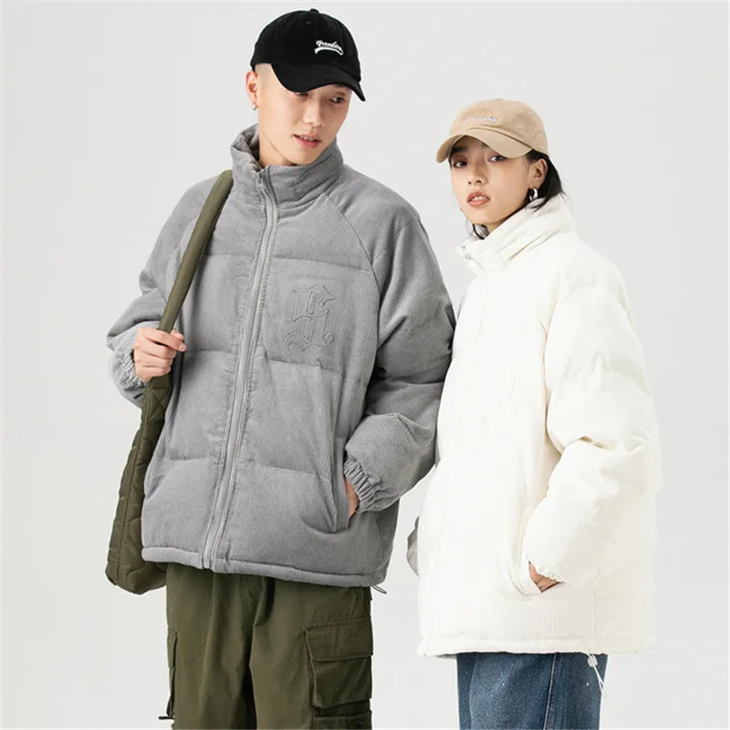 Rainbowtouches Gray White Corduroy Couple Parkas Down Jackets Winter Warm Thicken Coat Harajuku Solid Color Japanese Jacket Mens