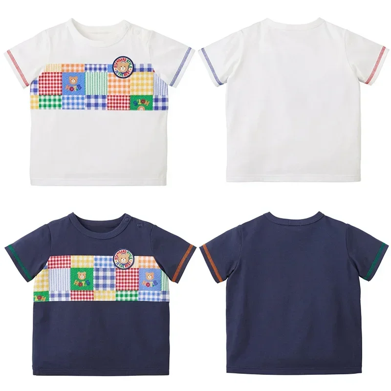 

Детская одежда Miki, летняя Новинка, футболка в клетку с короткими рукавами для мальчиков и девочек HB в стиле пэчворк с принтом медведя
