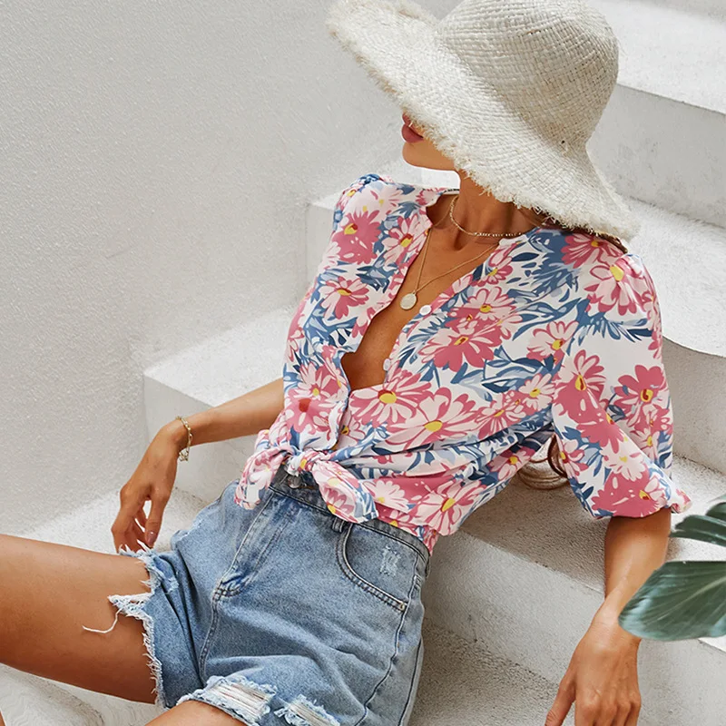 

Summer Chic Women Floral Print Casual Shirts O Neck Short Sleeve Ladies Single Breasted Thin Tops Clothing 2022