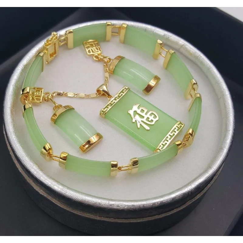 

Natural Green Jade 18KGP Fortune Pendant Nelace Drop Earring Bracelet set
