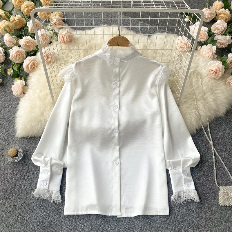 Женская атласная блузка с воротником-стойкой однотонная приталенная из шифона